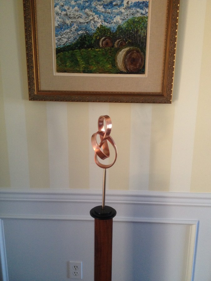 Love . . . (6 x 6 x 50) forged copper on brass rod set in walnut [Dec 2014]