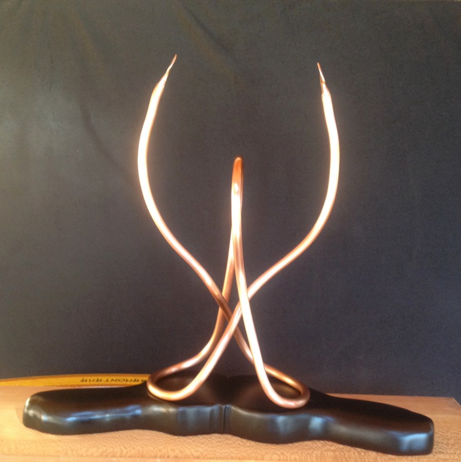 Yogini (8 x 20 x 22) forged copper on maple base [Jan 2015]